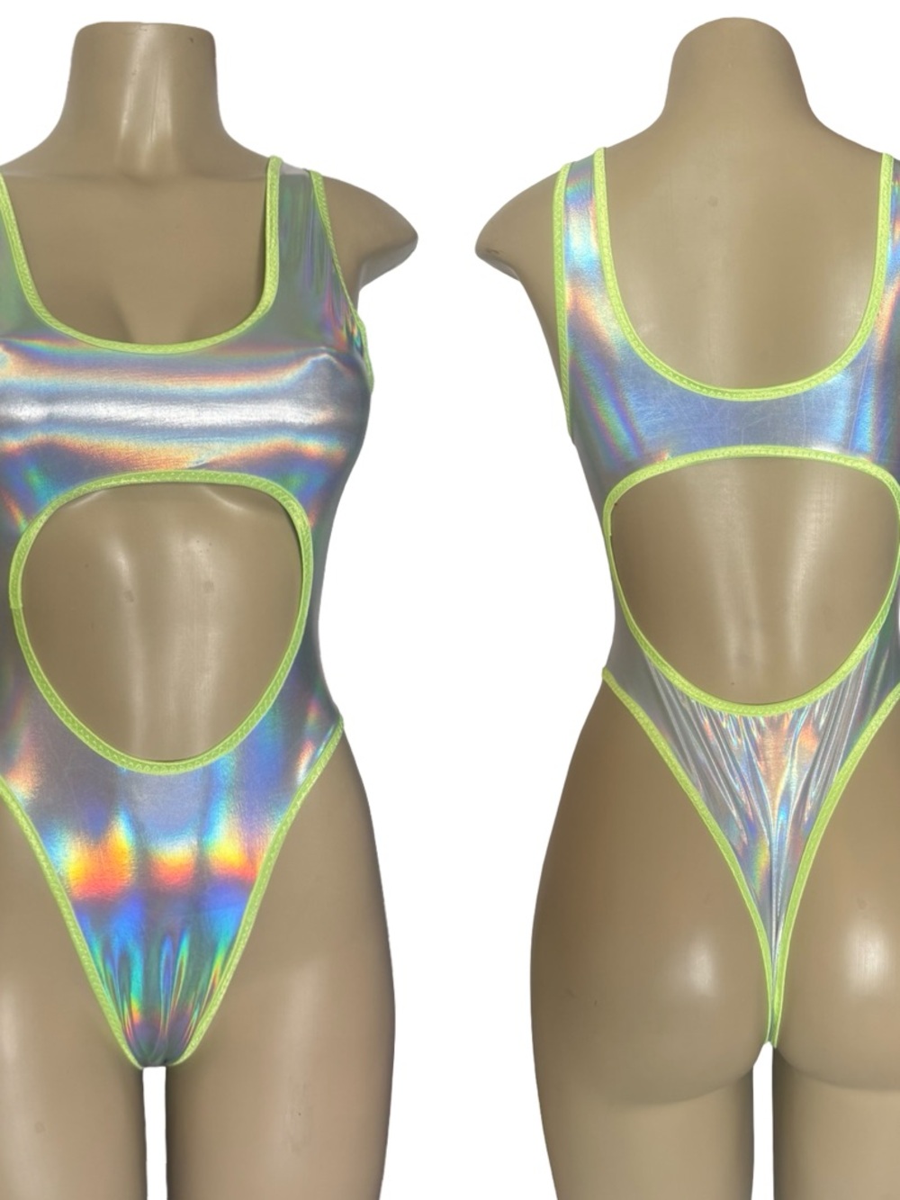 Holographic Neon-Trim Cutout One-Piece Bodysuit